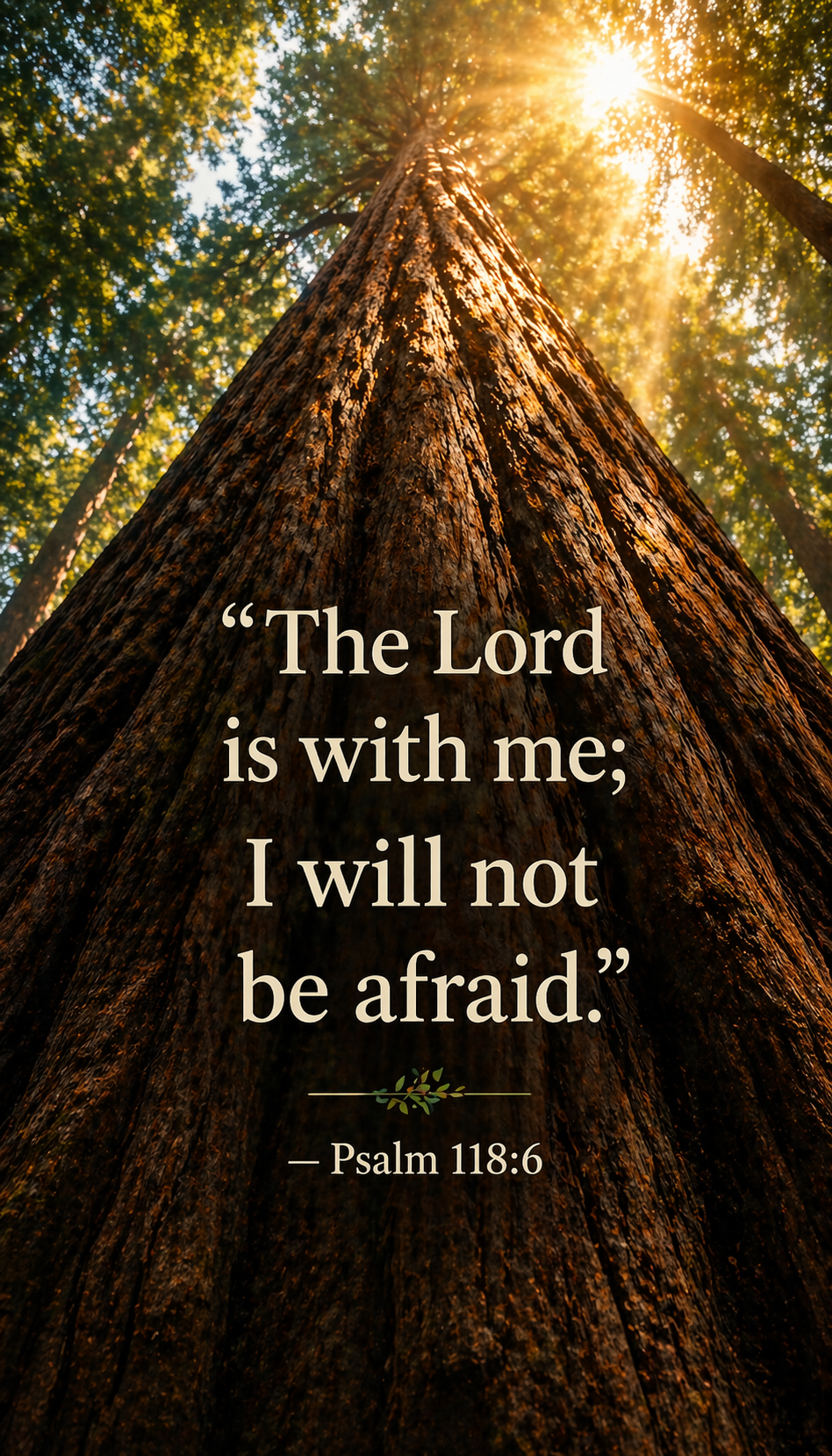 Psalm 118:6 Bible verse vertical wallpaper - The Lord is with me I will not be afraid - redwood tree looking up into sunlight